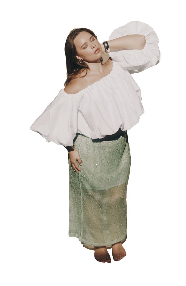 ELOQUII Semi Sheer Sequin Midi Skirt, Main, color, Subtle Green