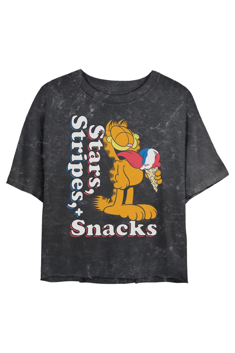 Junior's Stars Stripes and Snacks Short Sleeve Cropped T-Shirt, Main, color, Black