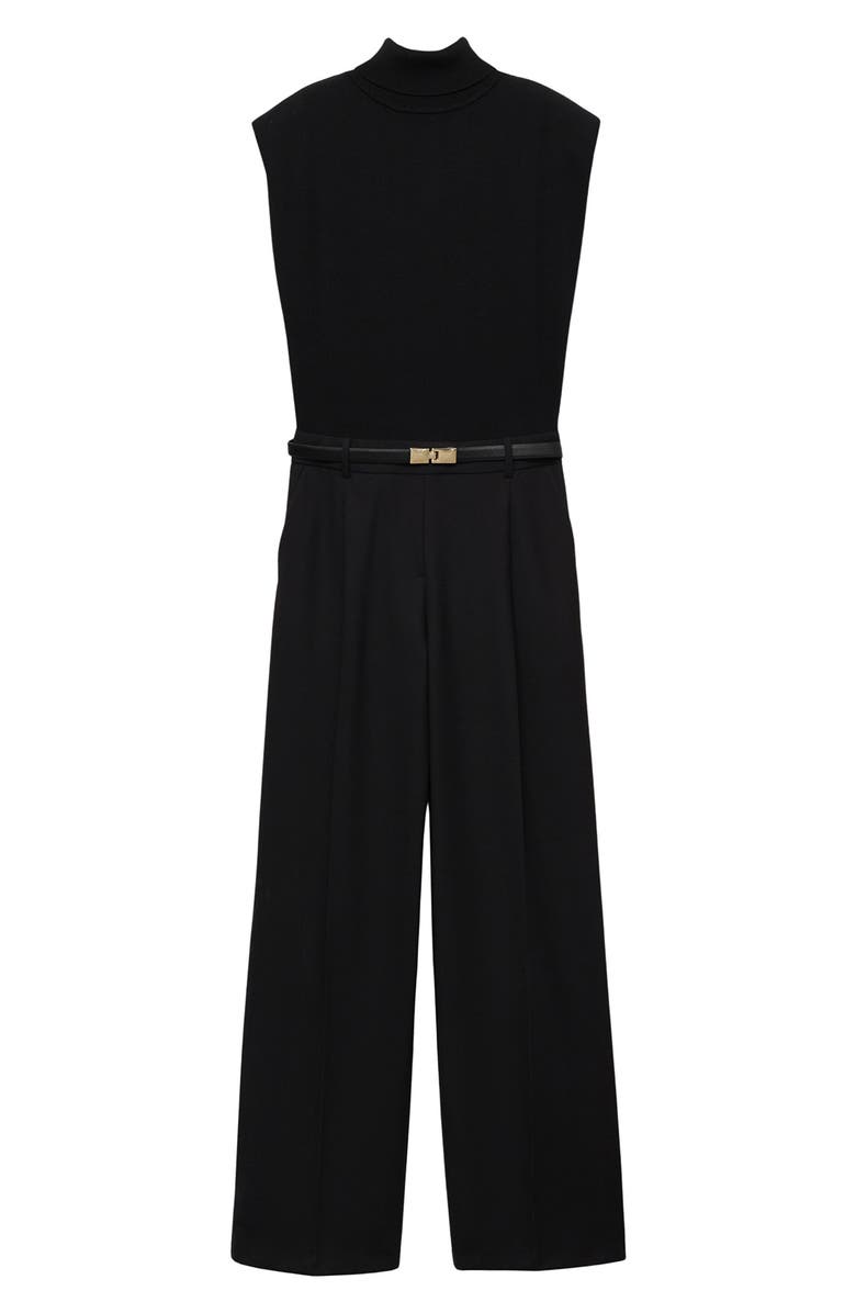 MANGO Shoulder Pad Mock Neck Jumpsuit, Main, color, Black
