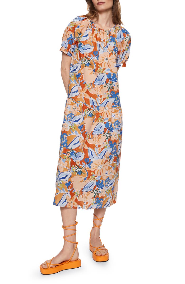 MANGO Floral Puff Sleeve Cotton Midi Dress, Main, color,