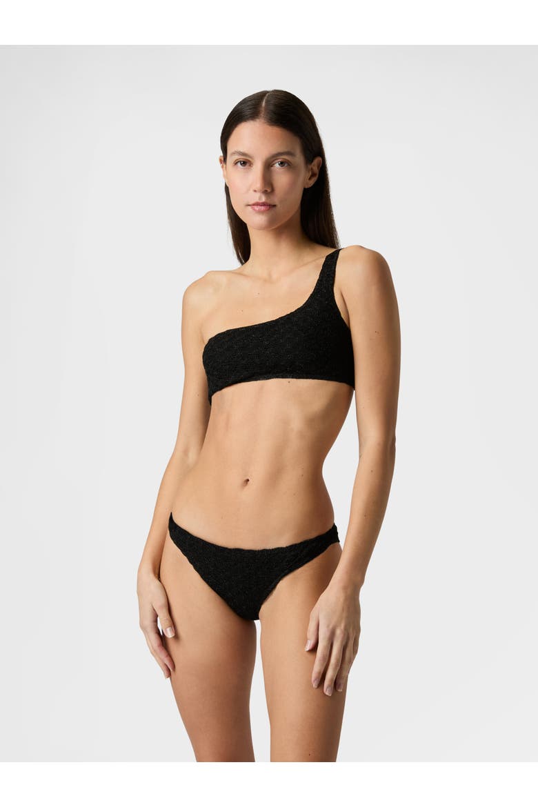 One-shoulder Bikini In Lamé Viscose With Raschel Workmanship, Alternate, color, Black