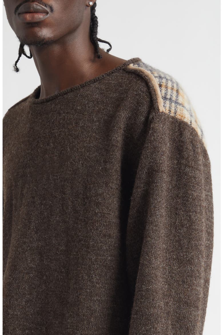 Paneled Solid & Plaid Wool Sweater, Alternate, color, TOP BROWN