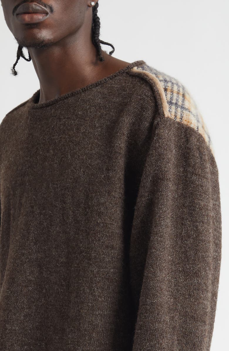 Undercover Paneled Solid & Plaid Wool Sweater, Alternate, color, Top Brown