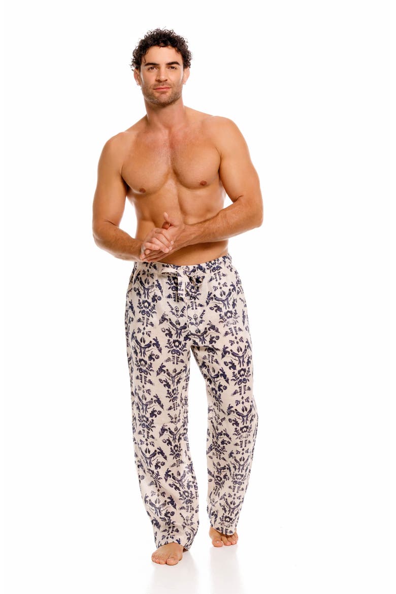 Drew Tapestry Blue Linen Pajama Pants, Alternate, color, WHITE
