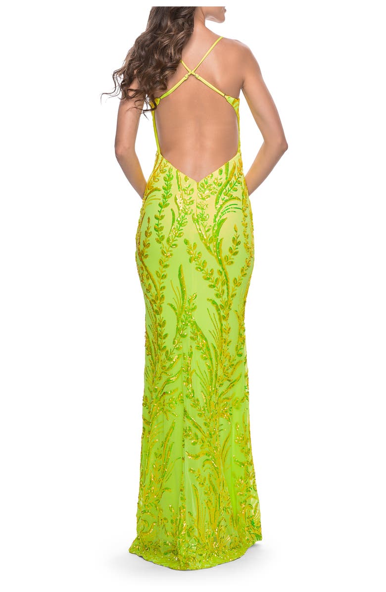 La Femme Neon Fitted Print Sequin Pastel Prom Dress, Alternate, color, Bright Green