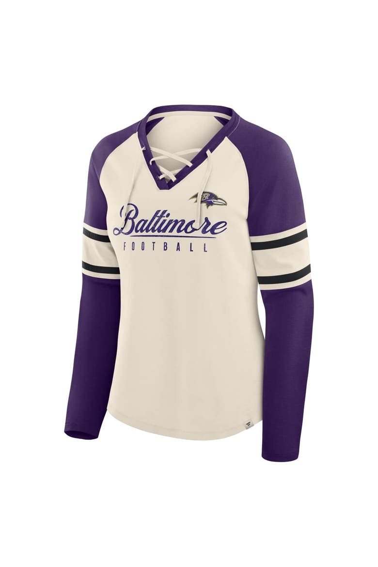 Women's Fanatics Cream/Purple Baltimore Ravens Hometown Gridiron Hero Raglan Lace-Up V-Neck Long Sleeve T-Shirt, Alternate, color, Cream
