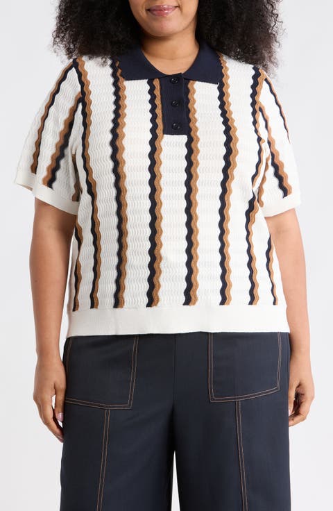 Wavy Stripe Polo Sweater (Plus)