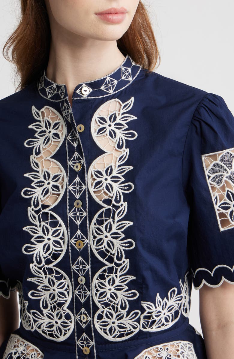 LOVE THE LABEL Elizabeth Embroidered Peplum Top, Alternate, color, Navy W White Embroidery