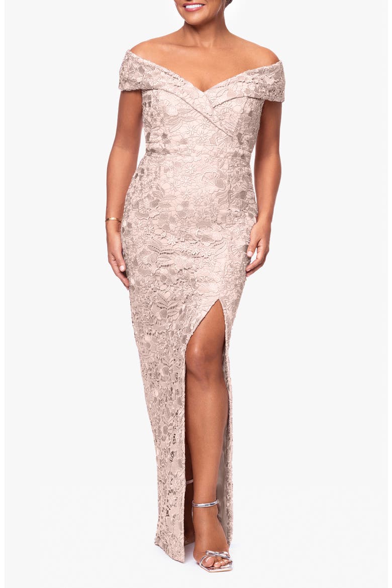 Floral Embroidery Off the Shoulder Sheath Gown, Main, color, BLUSH