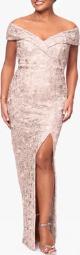 Xscape Evenings Floral Embroidery Off the Shoulder Sheath Gown