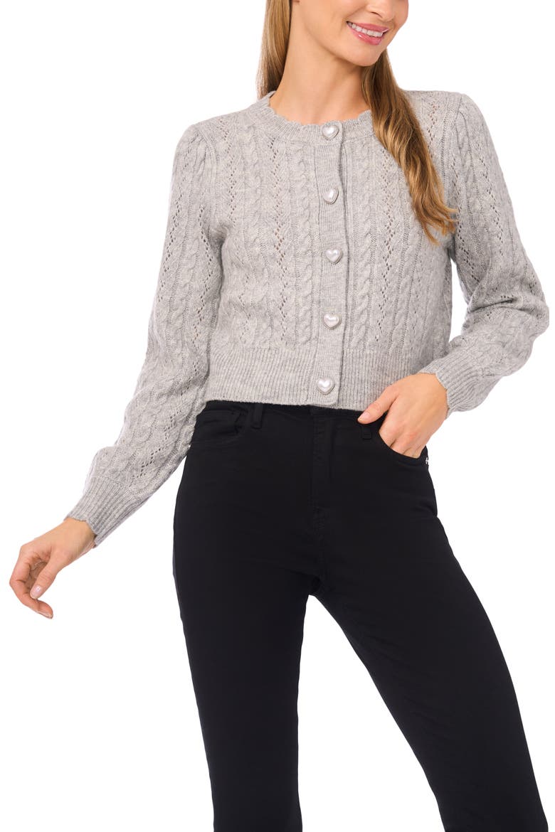 Heart Button Pointell Cardigan, Main, color, LIGHT HEATHER GREY