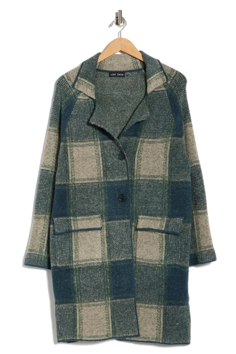 Plaid Longline Cardigan, Alternate, color, TEAL