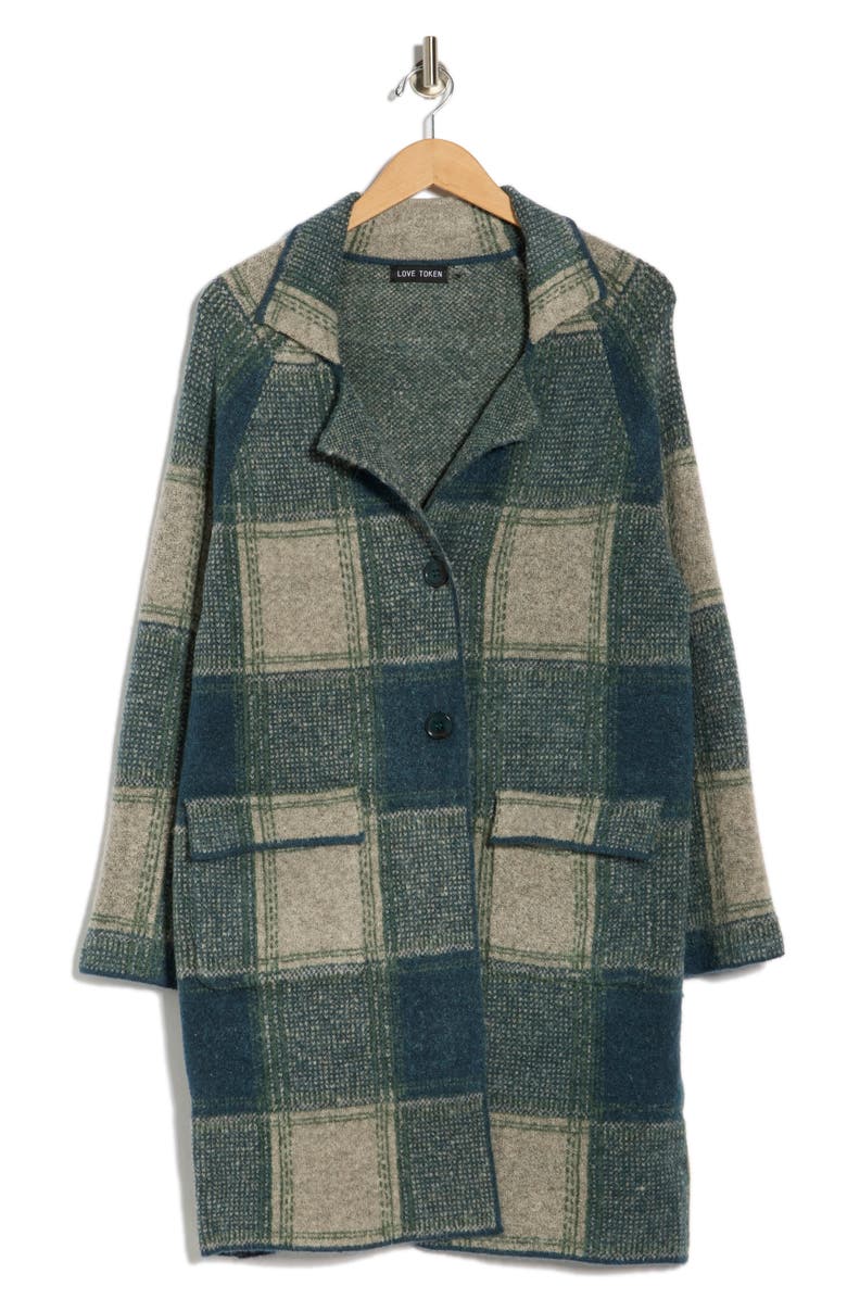 Love Token Plaid Longline Cardigan, Alternate, color, Teal