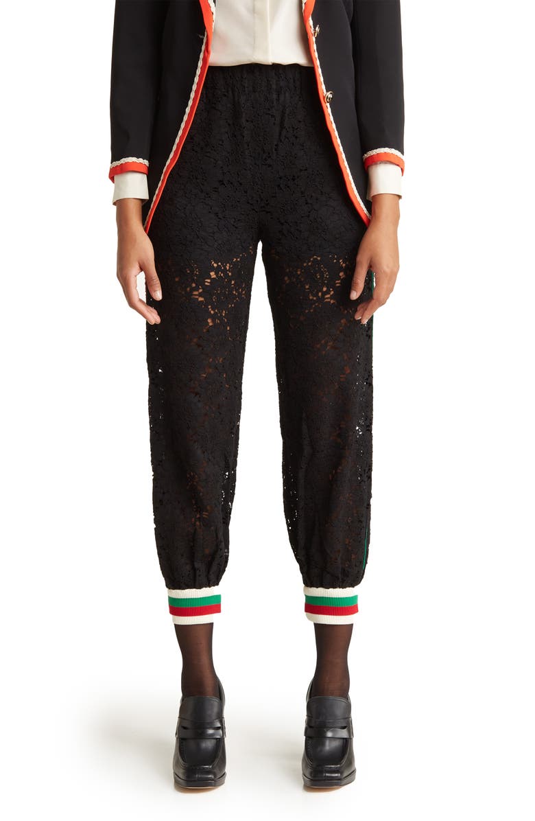 Gucci Floral Lace Joggers, Main, color, Black