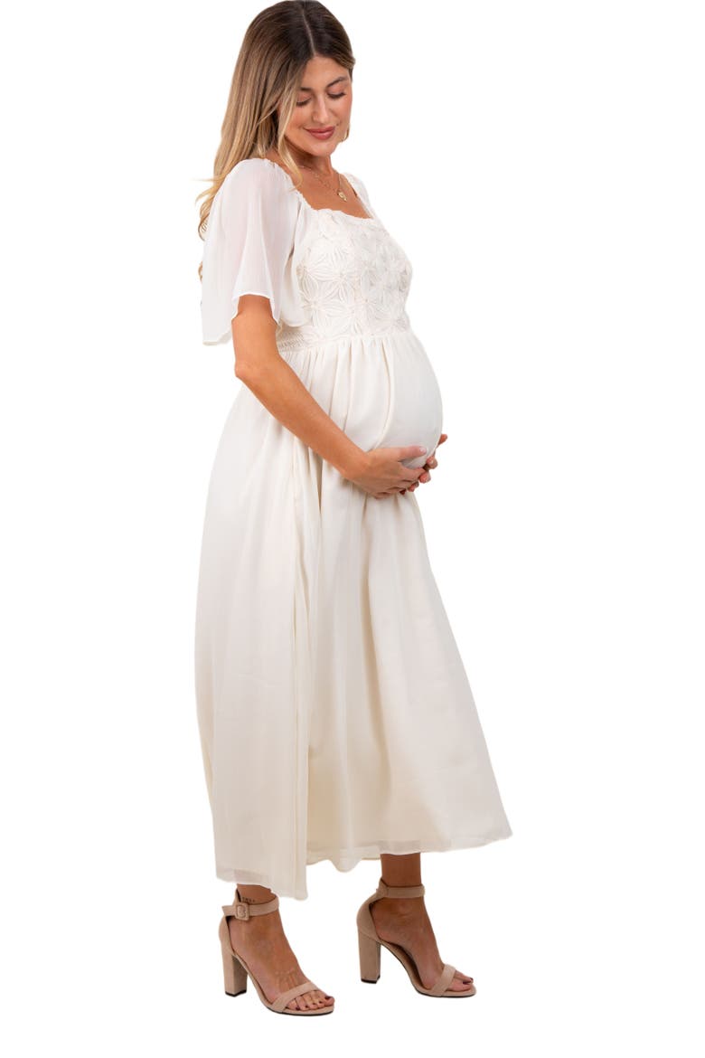 Floral Applique Flutter Sleeved Midi Dress, Alternate, color, Cream