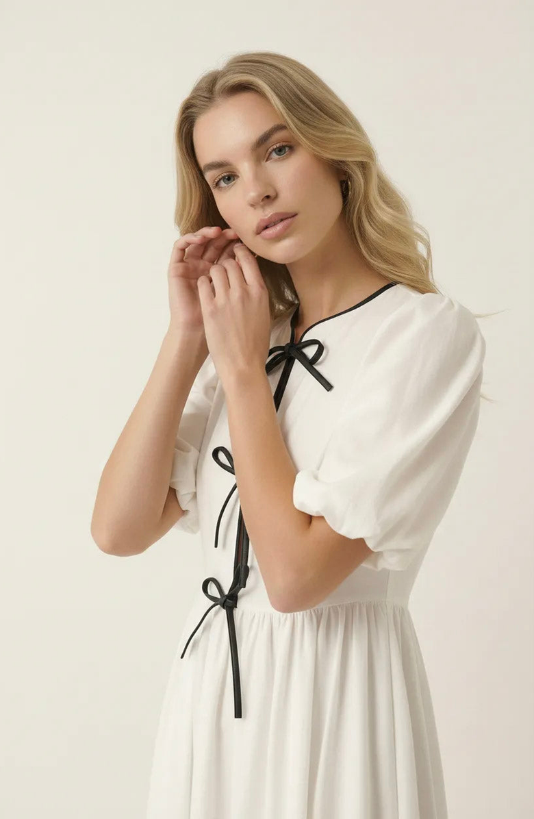 Modenaire Puff Sleeve Midi Dress with Tiered Front Ties and Contrast Trim, Alternate, color, White / Black Trim