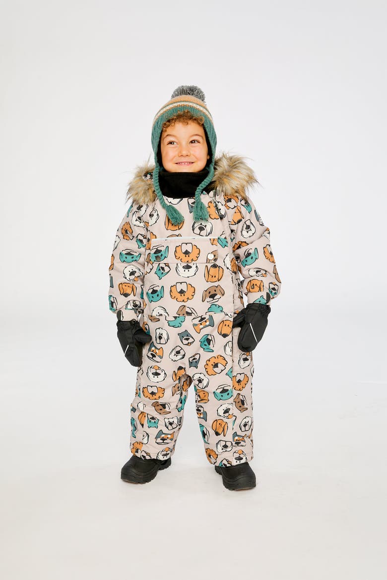Play Dog Faux Fur Hood Car Seat One Piece Snowsuit, Alternate, color, Beige Printed with Dogs