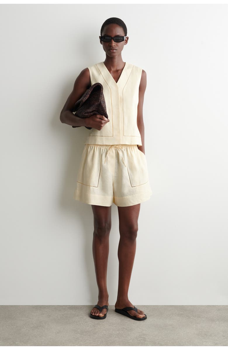 COS Embroidered-detail Linen Shorts, Main, color, Butter Yellow