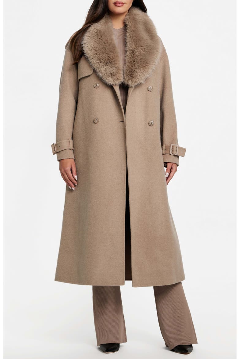 Ella Faux Fur Collar Double Breasted Coat, Main, color, LIGHT TAUPE