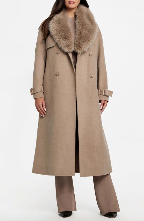 Marciano Ella Faux Fur Collar Double Breasted Coat In Brown