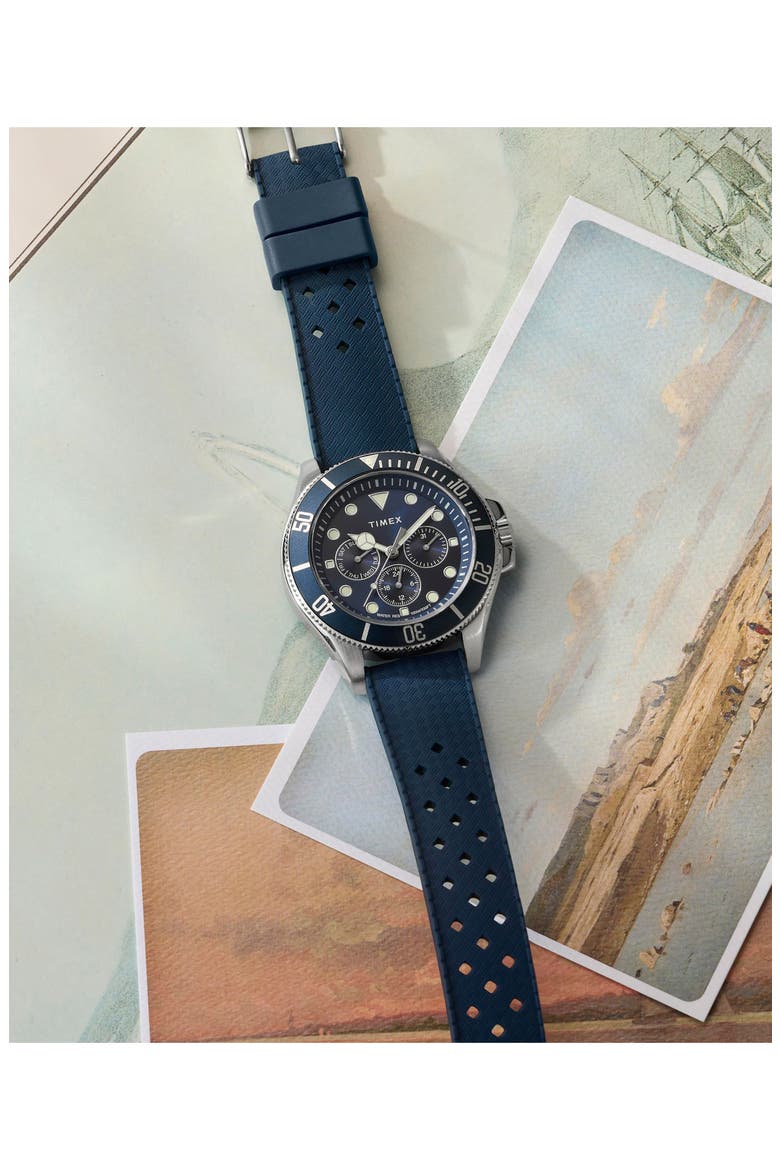 Harborside Coast Multifunction 43mm Synthetic Rubber Strap Watch, Alternate, color, BLUE/ SILVER-TONE
