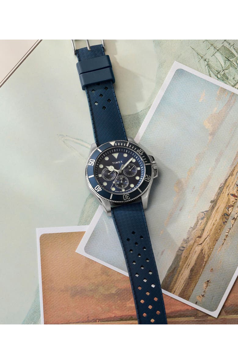 Timex<sup>®</sup> Harborside Coast Multifunction 43mm Synthetic Rubber Strap Watch, Alternate, color, Blue/ Silver-Tone