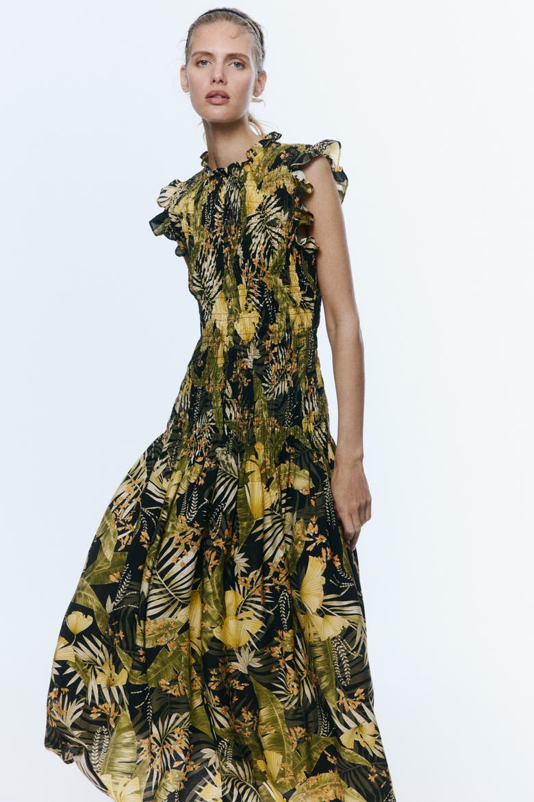 Smocked Midi Dress, Alternate, color, Black/floral