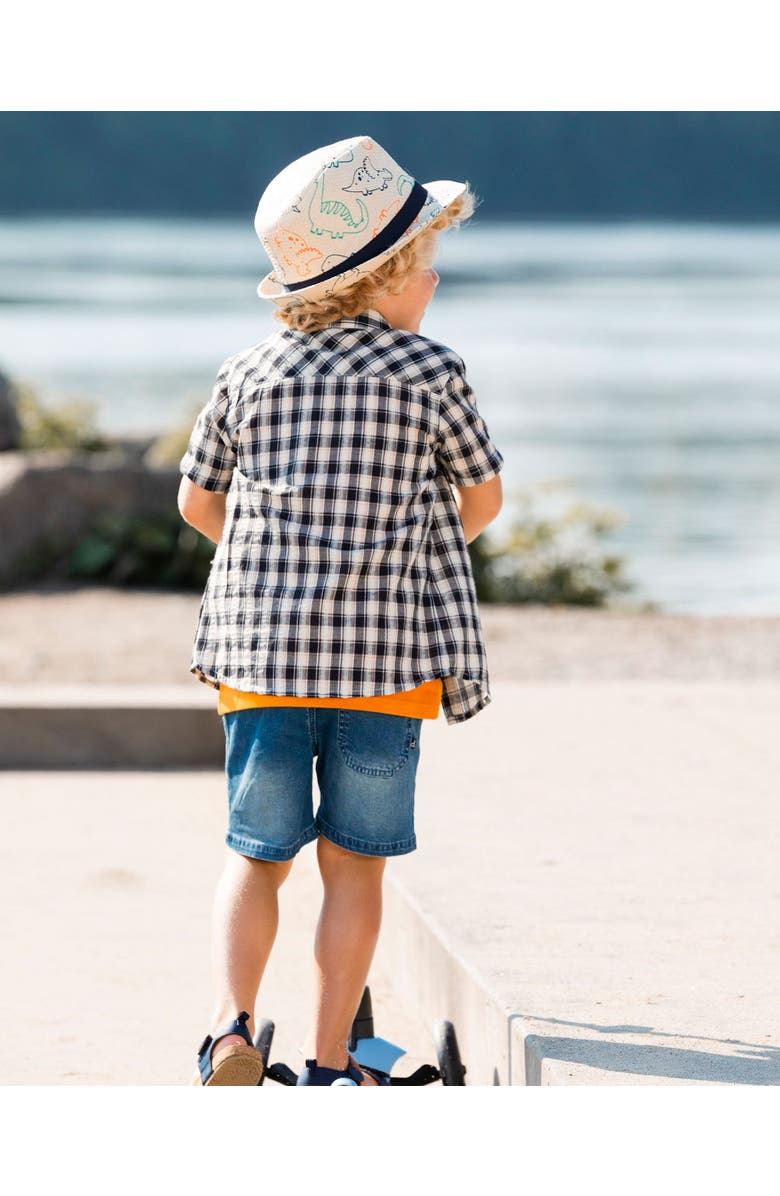 Deux par Deux Boy's Short Sleeve Button Down Shirt Black And Beige Plaid, Alternate, color, 