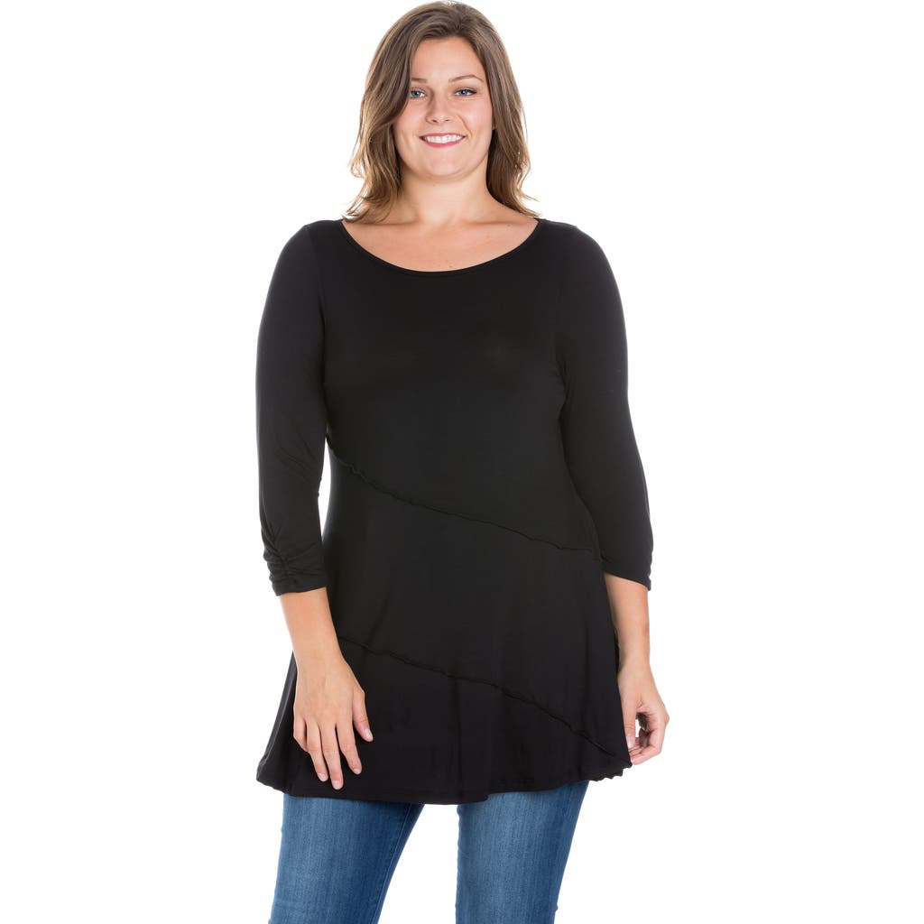 24seven Comfort Apparel Plus Size Ruched Sleeve Swing Tunic Top In Black
