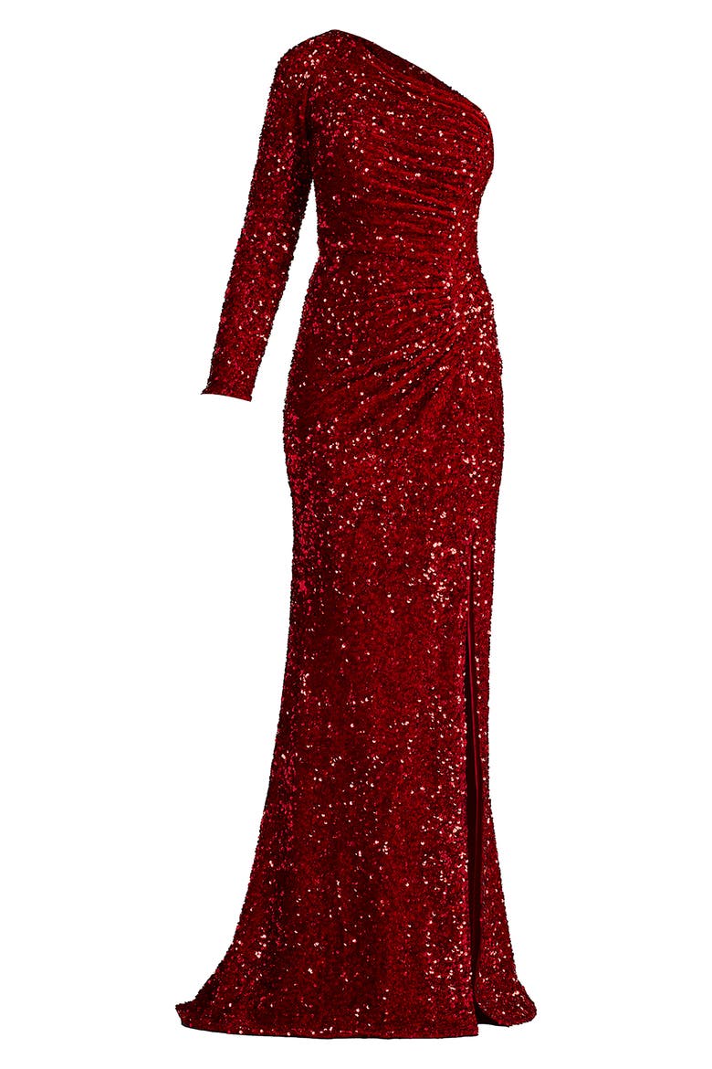 Sequin One-Shoulder Single Long Sleeve Gown, Alternate, color, ROUGE