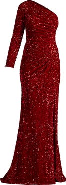 SHO by Tadashi Shoji Sequin One-Shoulder Single Long Sleeve Gown
