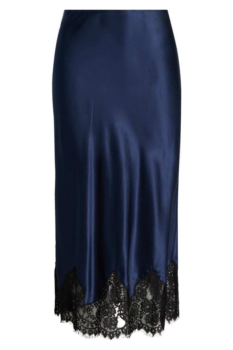 Carolina Lace Trim Silk Midi Skirt, Main, color, NAVY