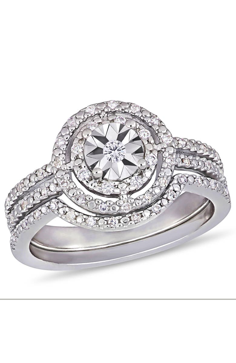 Julianna B. Diamond Halo Split Shank Bridal Ring Set, Main, color, Sterling Silver