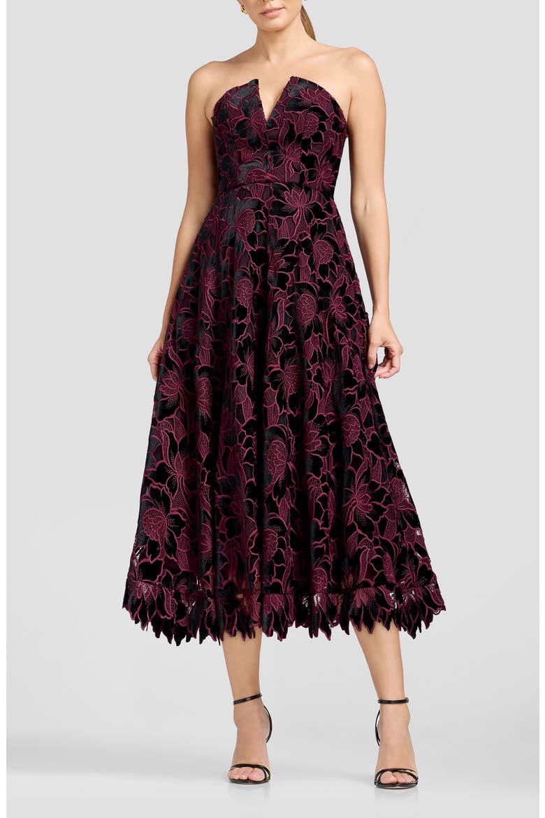 Briella Jacquard Floral Strapless Fit & Flare Dress, Main, color, DEEP PLUM MULTI