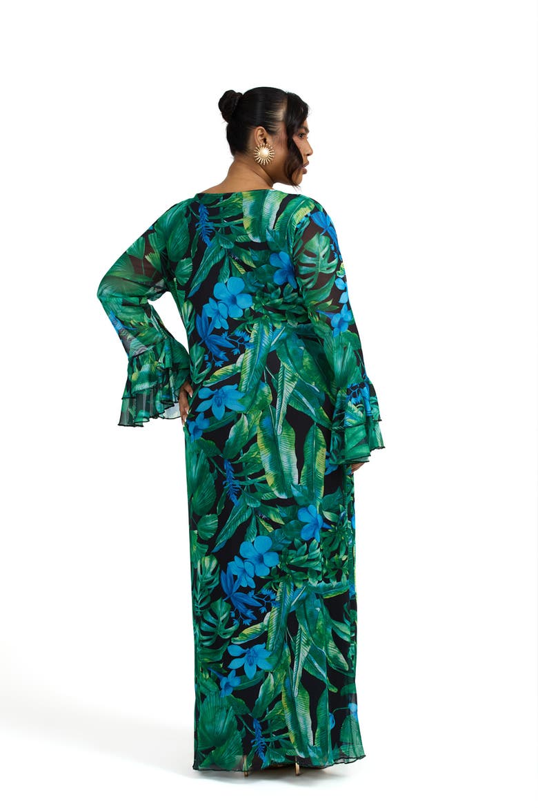 Ruffle Cowl Neck Palm Print Maxi Dress, Alternate, color, Green