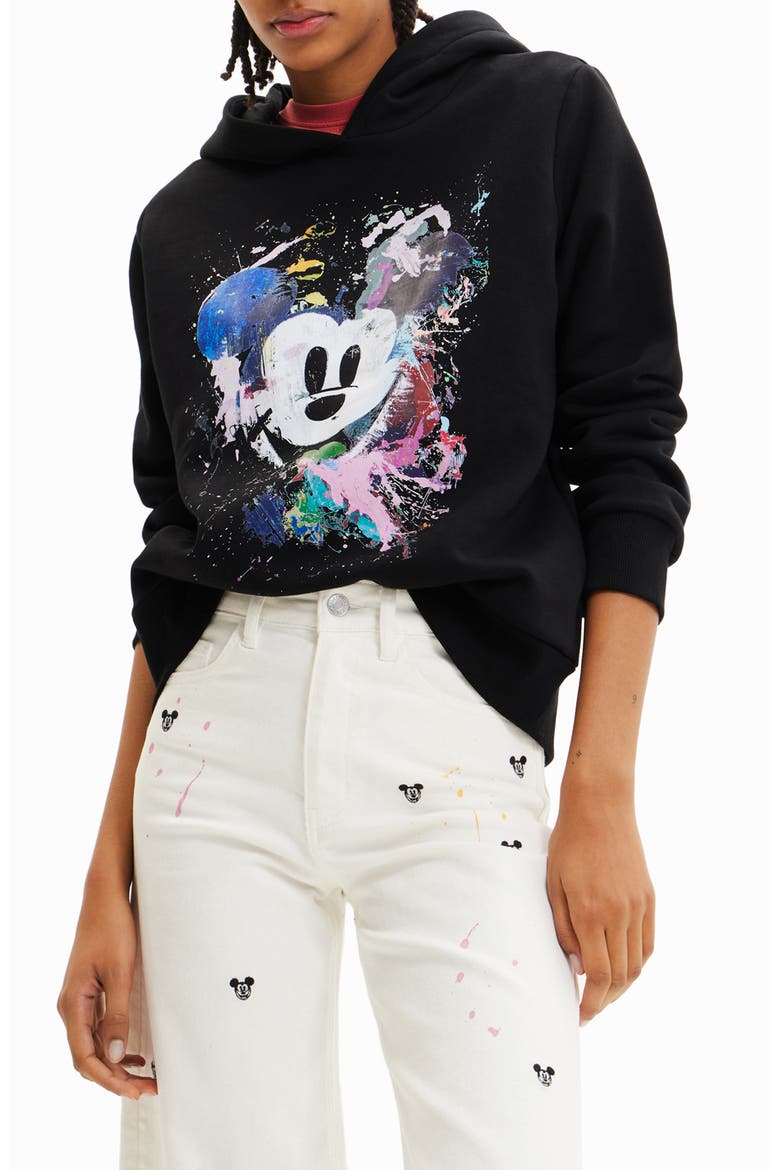 Mickey Mouse Splattered Graphic Hoodie, Main, color, BLACK