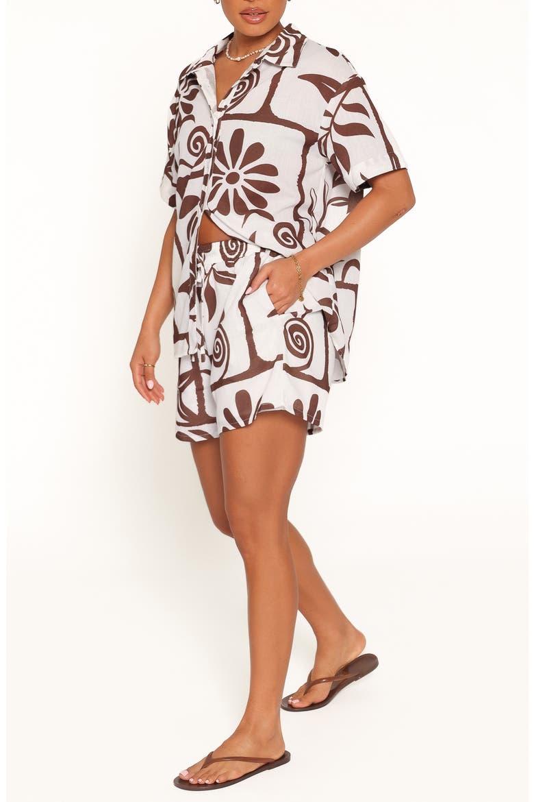 Helga Linen Blend Button-Up Shirt & Shorts Set, Alternate, color, BROWN WHITE