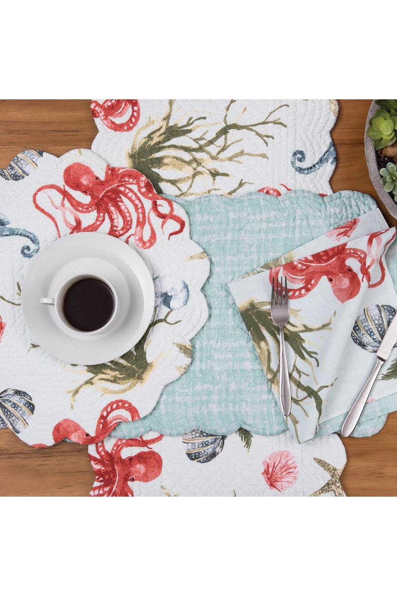Behari Coastal Sea Life Cotton Quilted Reversible Placemats Set of 6, 13" x 19", Alternate, color, Blue