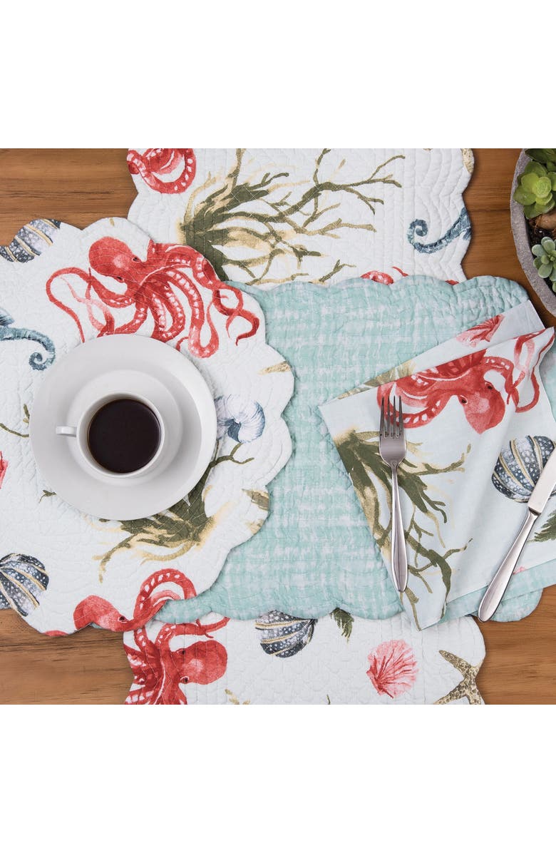 C&F Home Behari Coastal Sea Life Cotton Quilted Round Reversible Placemats, Set of 6, 17", Alternate, color, Blue