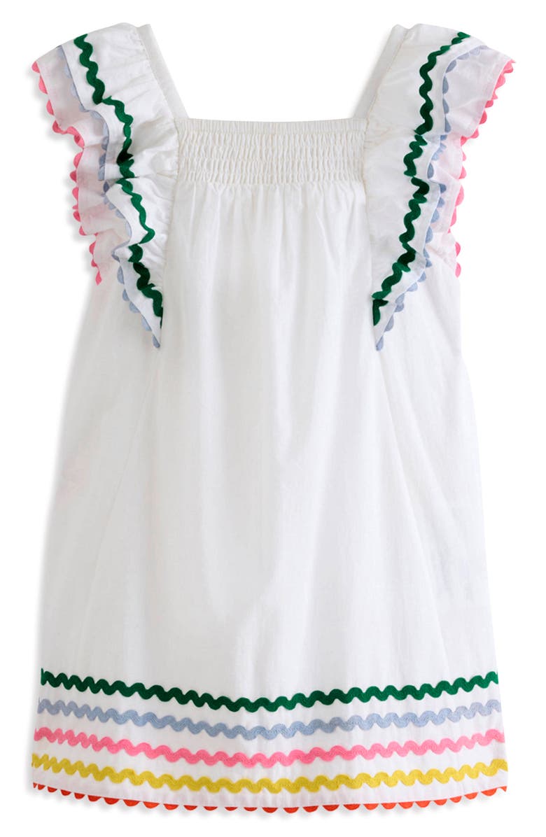 Mini Boden Kids' Flutter Sleeve RickRack Trim Cotton Dress, Main, color, Soft Ivory