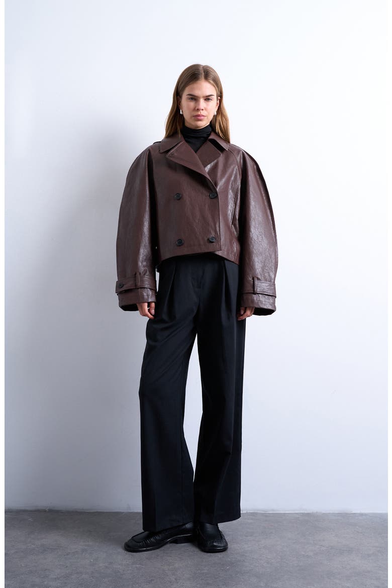 Ovoid Sleeve Short Faux Leather Trench Coat, Alternate, color, BROWN