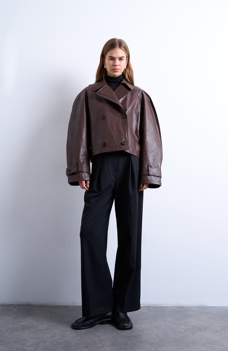 Topshop Ovoid Sleeve Short Faux Leather Trench Coat, Alternate, color, Brown