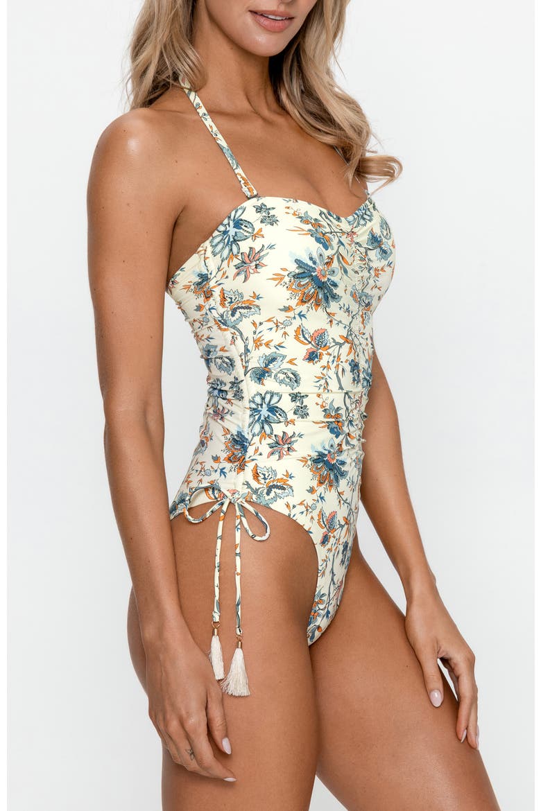 Floral Oasis Halter One-Piece Swimsuit, Alternate, color, Beige