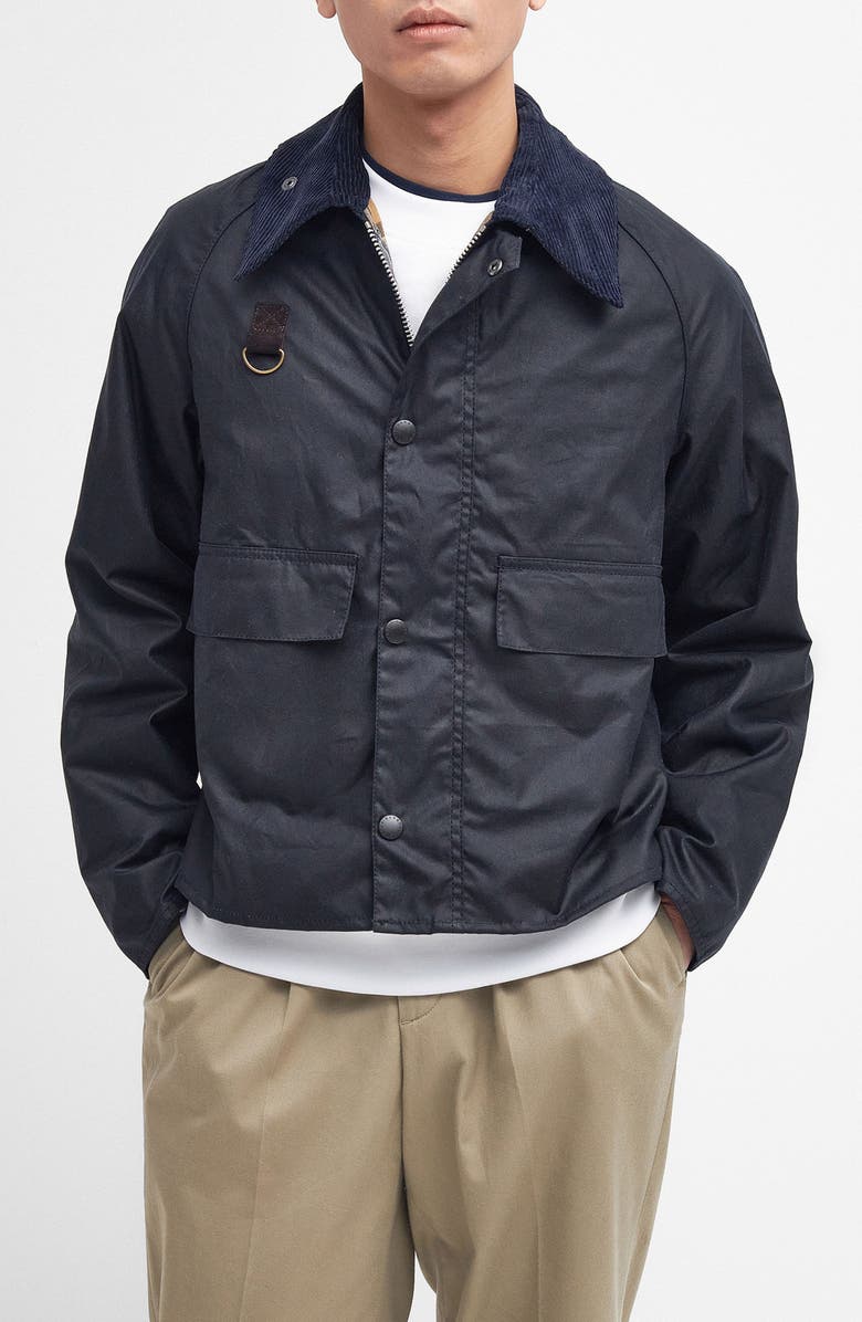 Barbour Spey Slim Waxed Cotton Jacket, Main, color, Navy