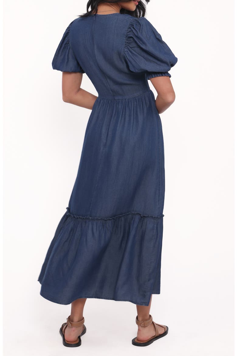 Steele Puff Sleeve Tiered Chambray Midi Dress, Alternate, color, DARK DENIM
