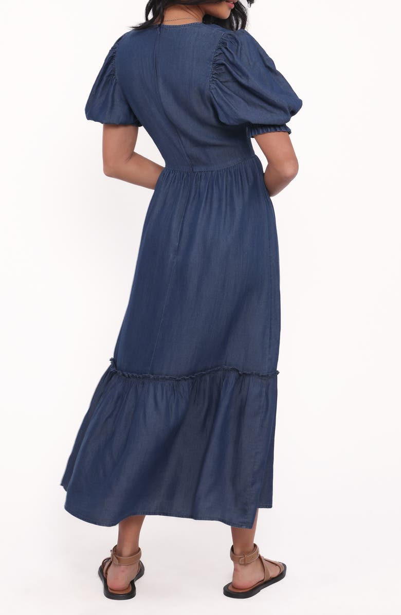Petal & Pup Steele Puff Sleeve Tiered Chambray Midi Dress, Alternate, color, Dark Denim