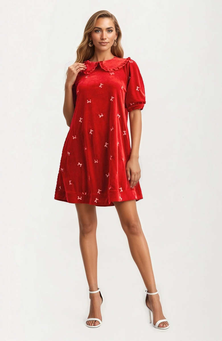 Knit and Lounge Velvet Mini Dress with Embroidered Details and Peter Pan Collar, Alternate, color,