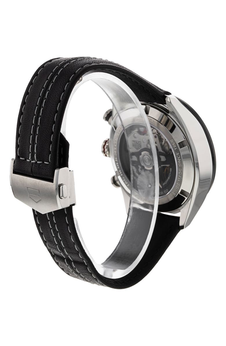 Watchfinder 
Co. Tag Heuer Preowned 2021 Porsche x Carrera Chronograph Leather Strap Watch, 44mm, Alternate, color, Grey