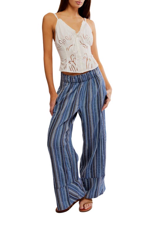 Free People Days End Stripe Cotton Drawstring Pants In Indigo Combo