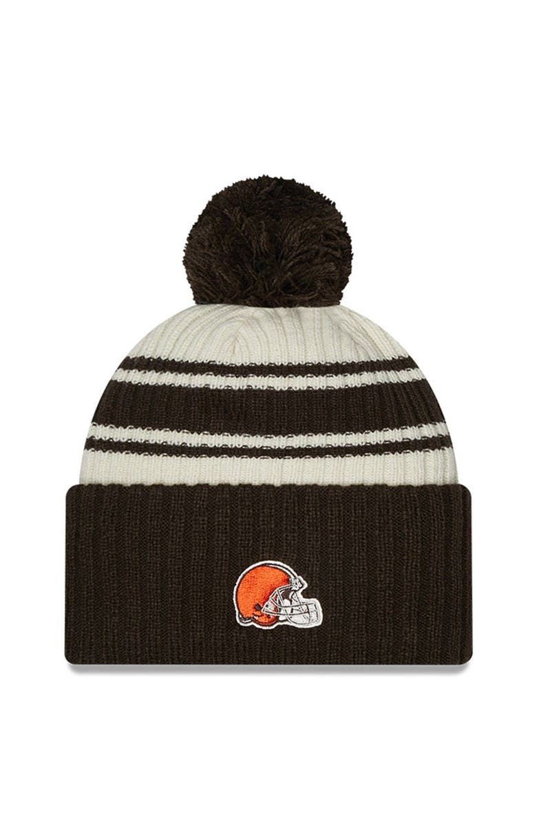 New Era Men's New Era Cream/Brown Cleveland Browns 2022 Sideline Sport Cuffed Pom Knit Hat, Alternate, color, Cream